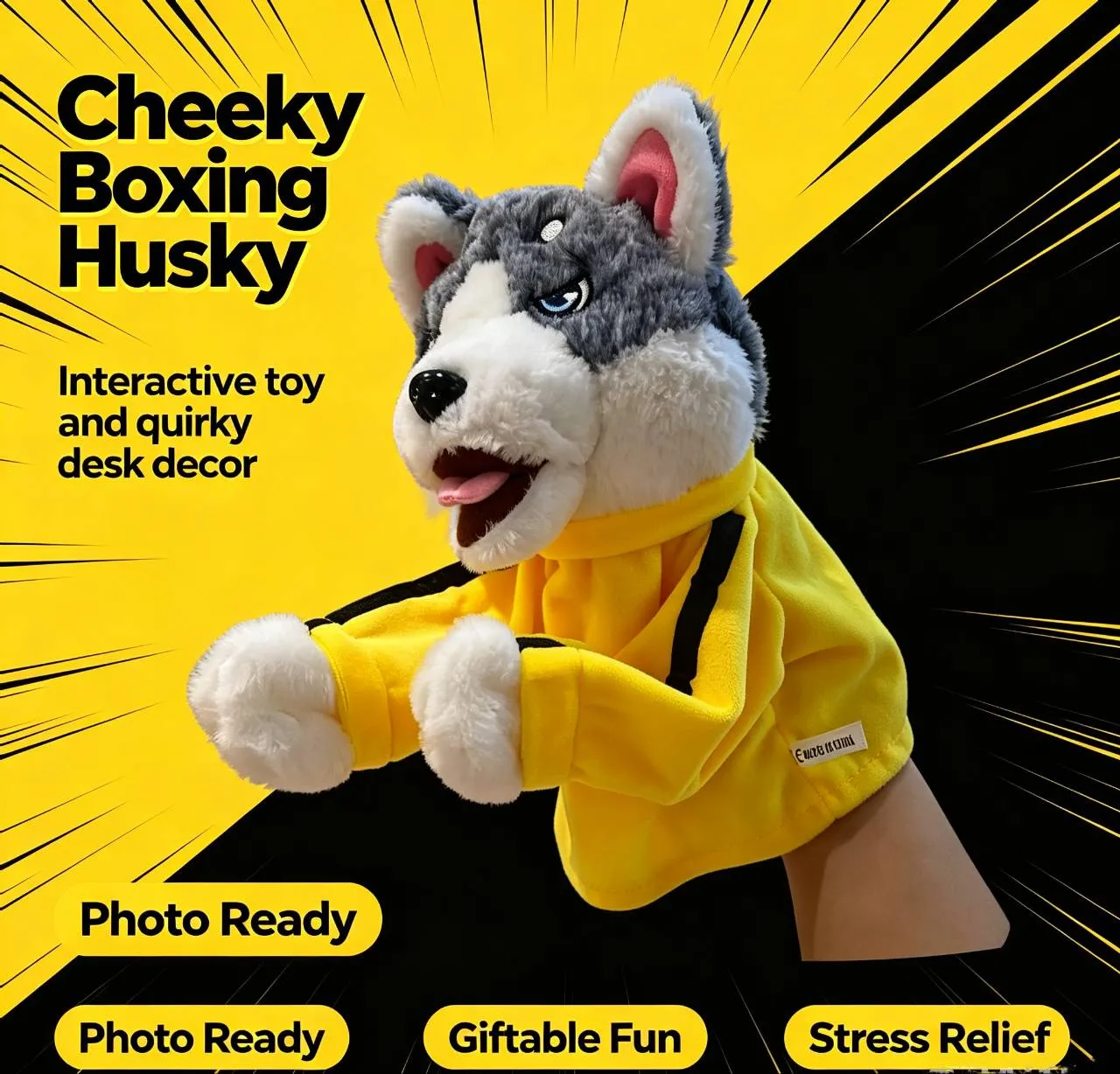 Husky wearing yellow and black kung fu jumpsuit profile