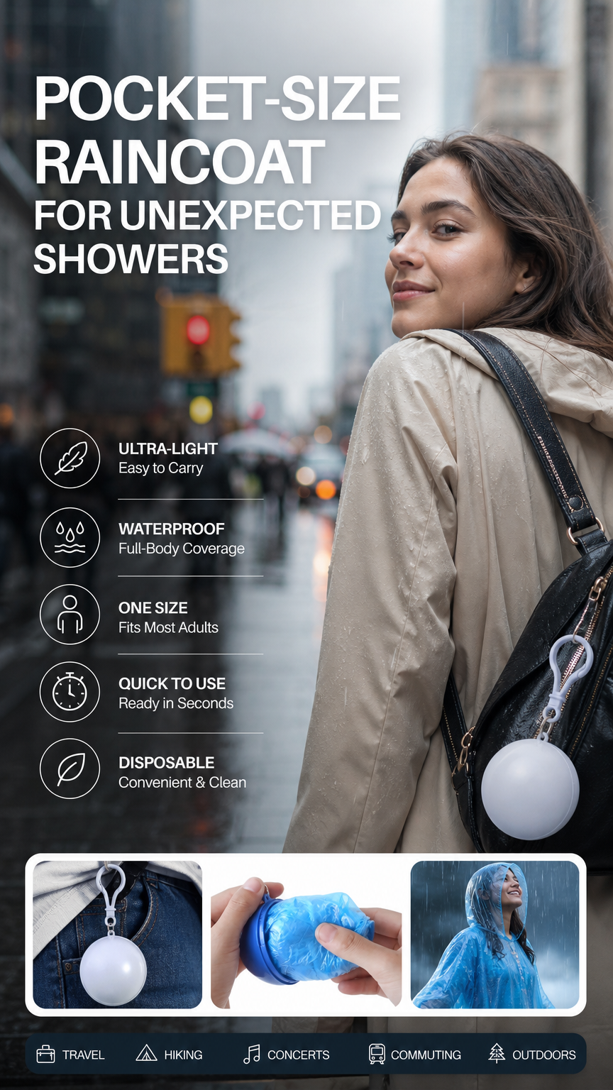 Portable raincoat for travel and outdoor use