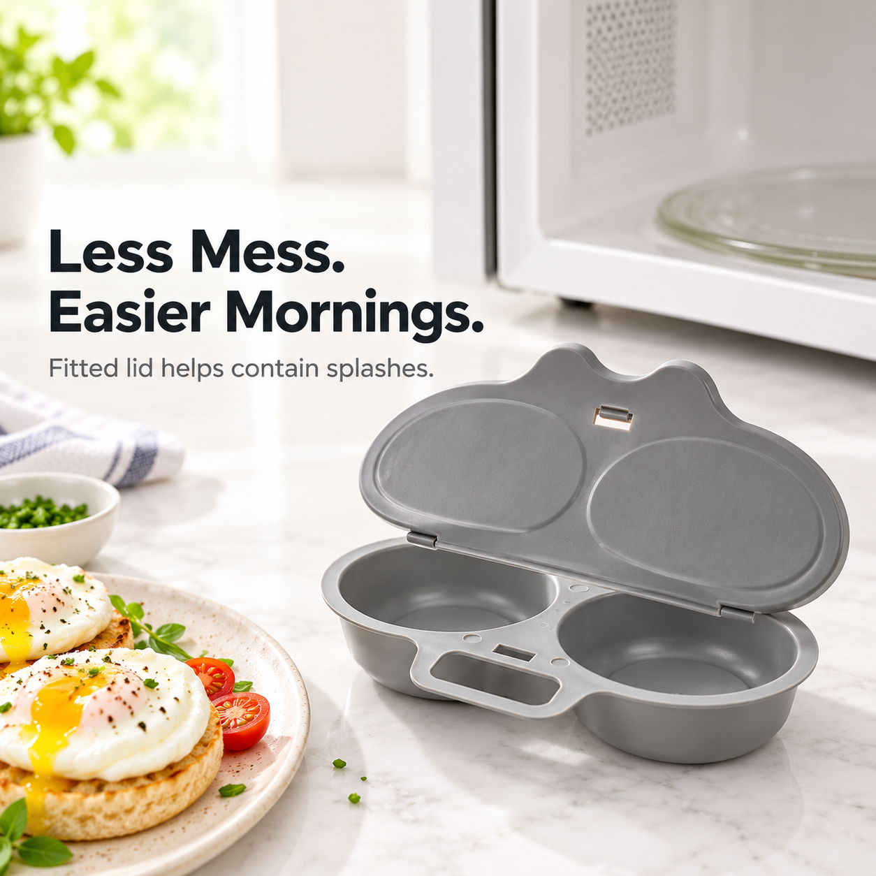 Fresh eggs cracked into dual microwave cavities ready to cook