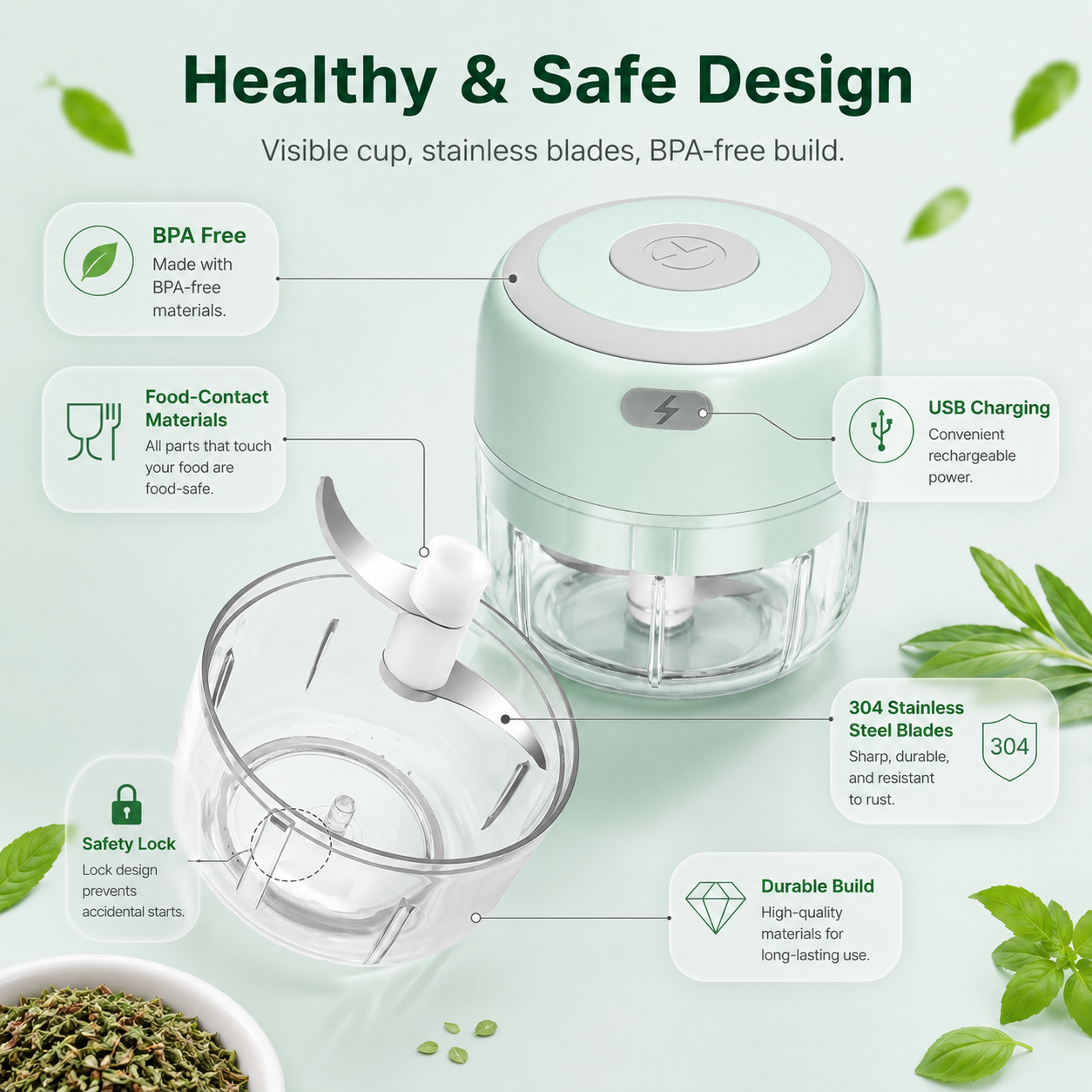 BPA free mini herb grinder with stainless steel blades