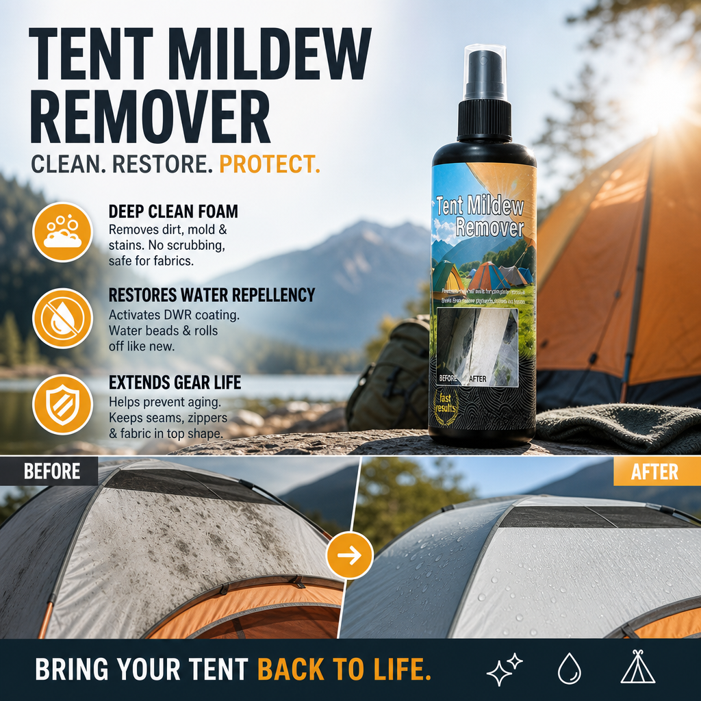 Before and after comparison of mildew-stained tent fabric