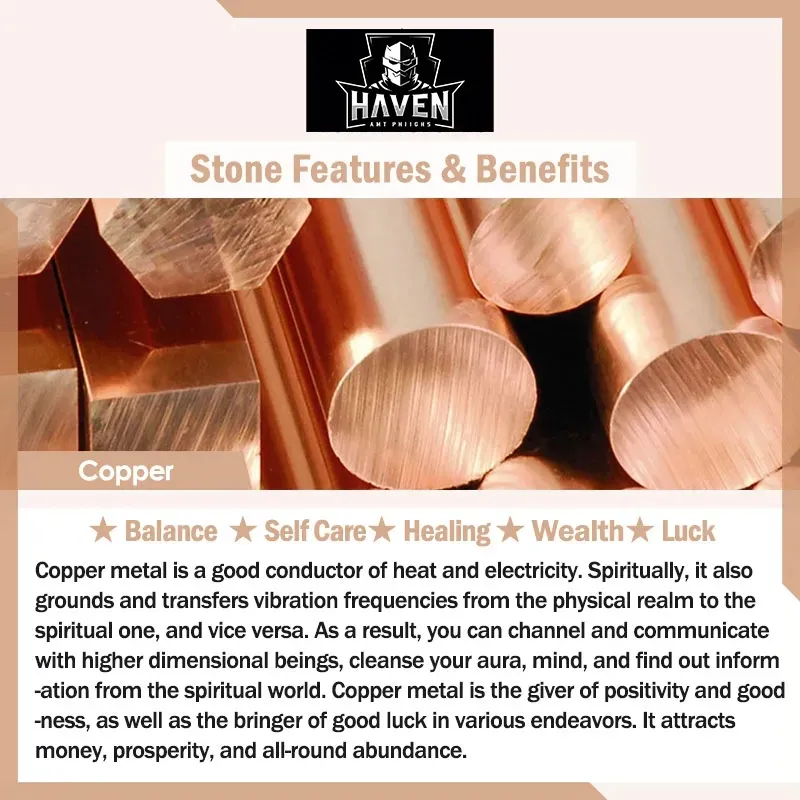 Polished copper metal, the material used for the bracelet bangle, emphasizing its properties for balance, healing, wealth, and luck.