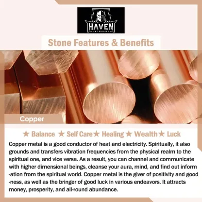 Polished copper metal, the material used for the bracelet bangle, emphasizing its properties for balance, healing, wealth, and luck.