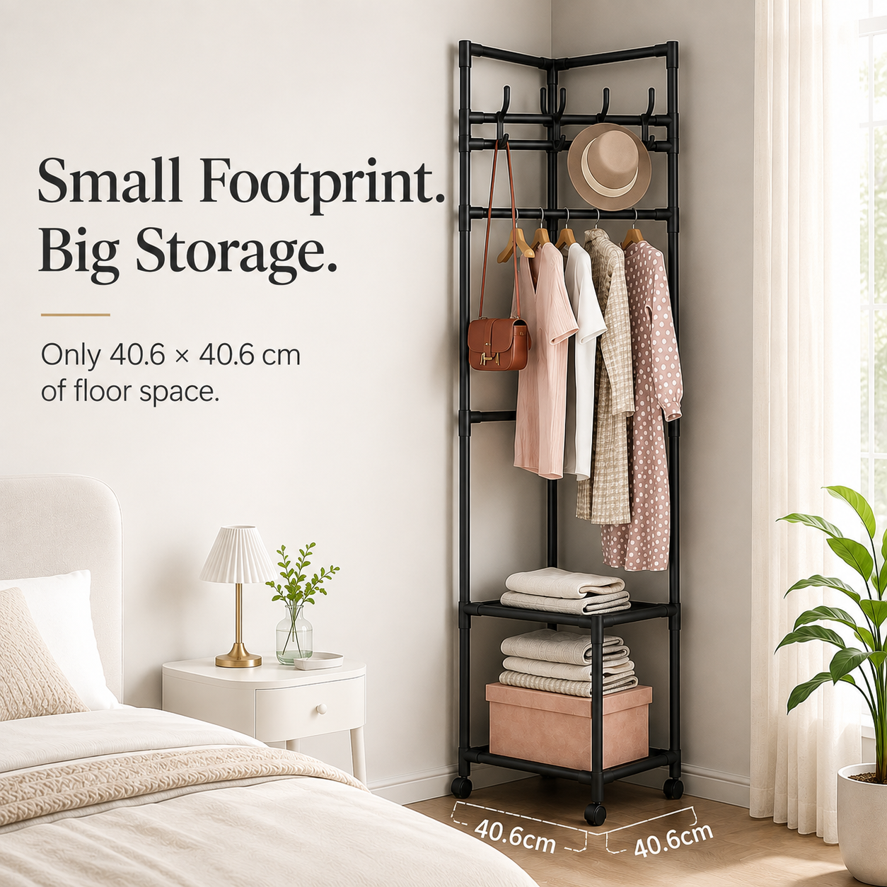 Corner garment rack with upper hooks hanging rail and lower shelves
