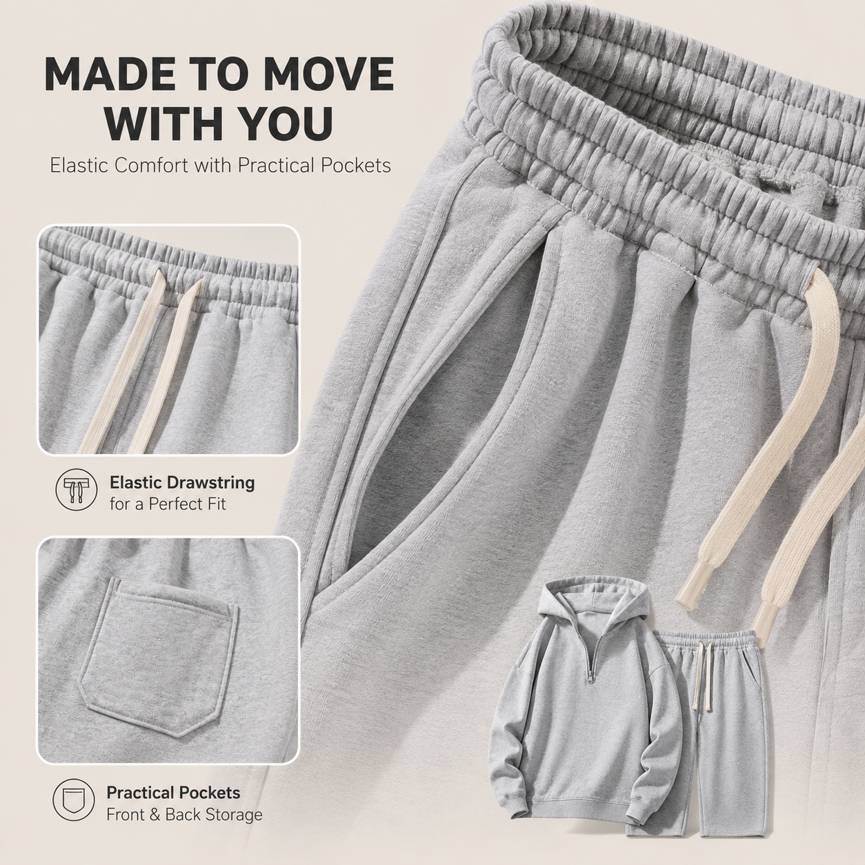Full length front view of relaxed knit hoodie and pants set