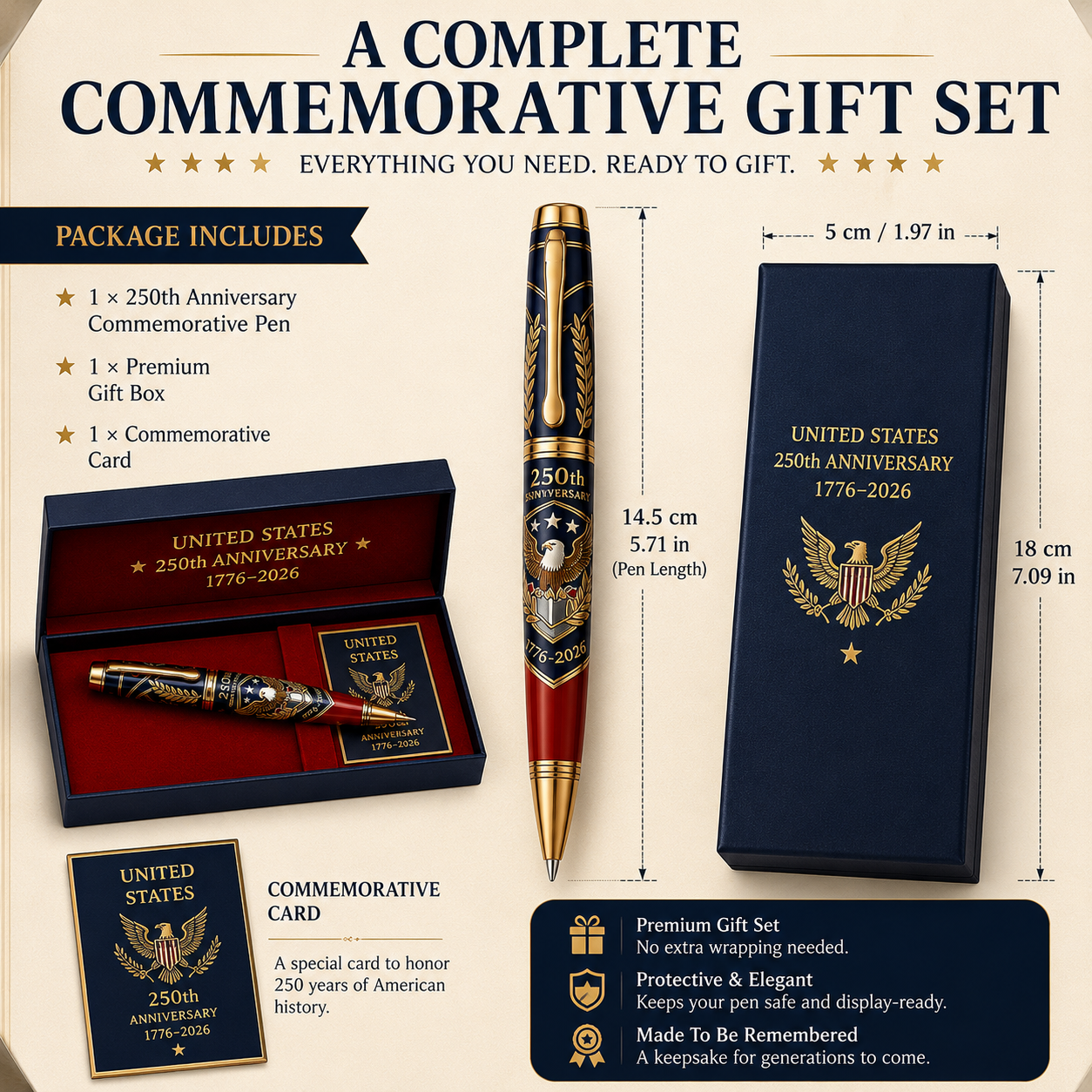 America 250th anniversary commemorative pen gift set contents and size