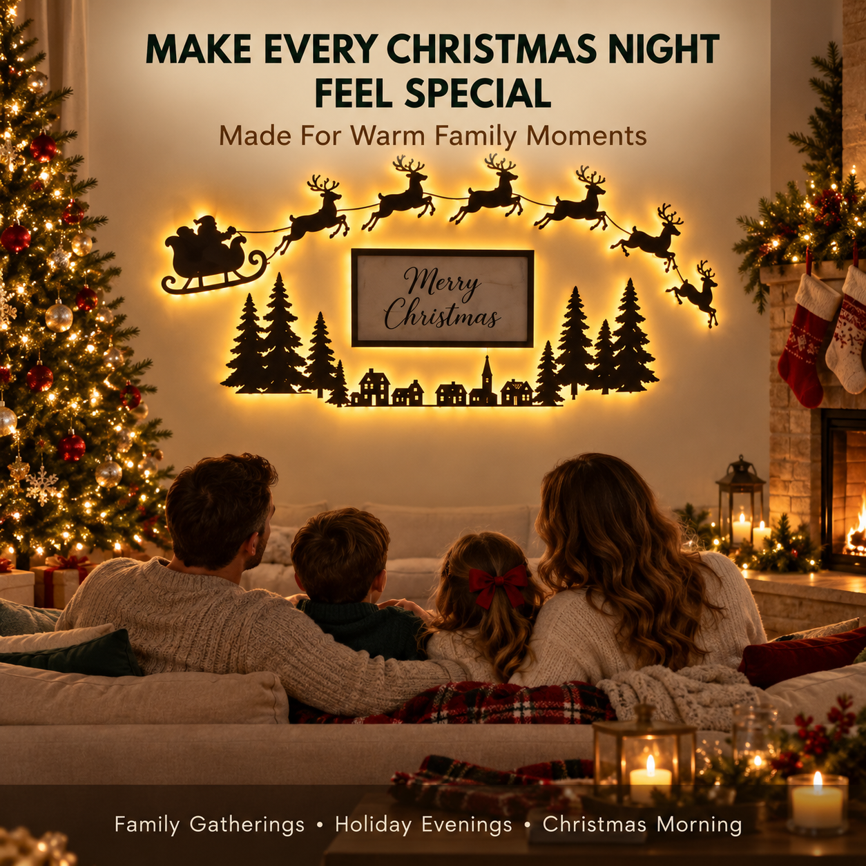 Family living room decorated for Christmas with illuminated Santa and reindeer wall art