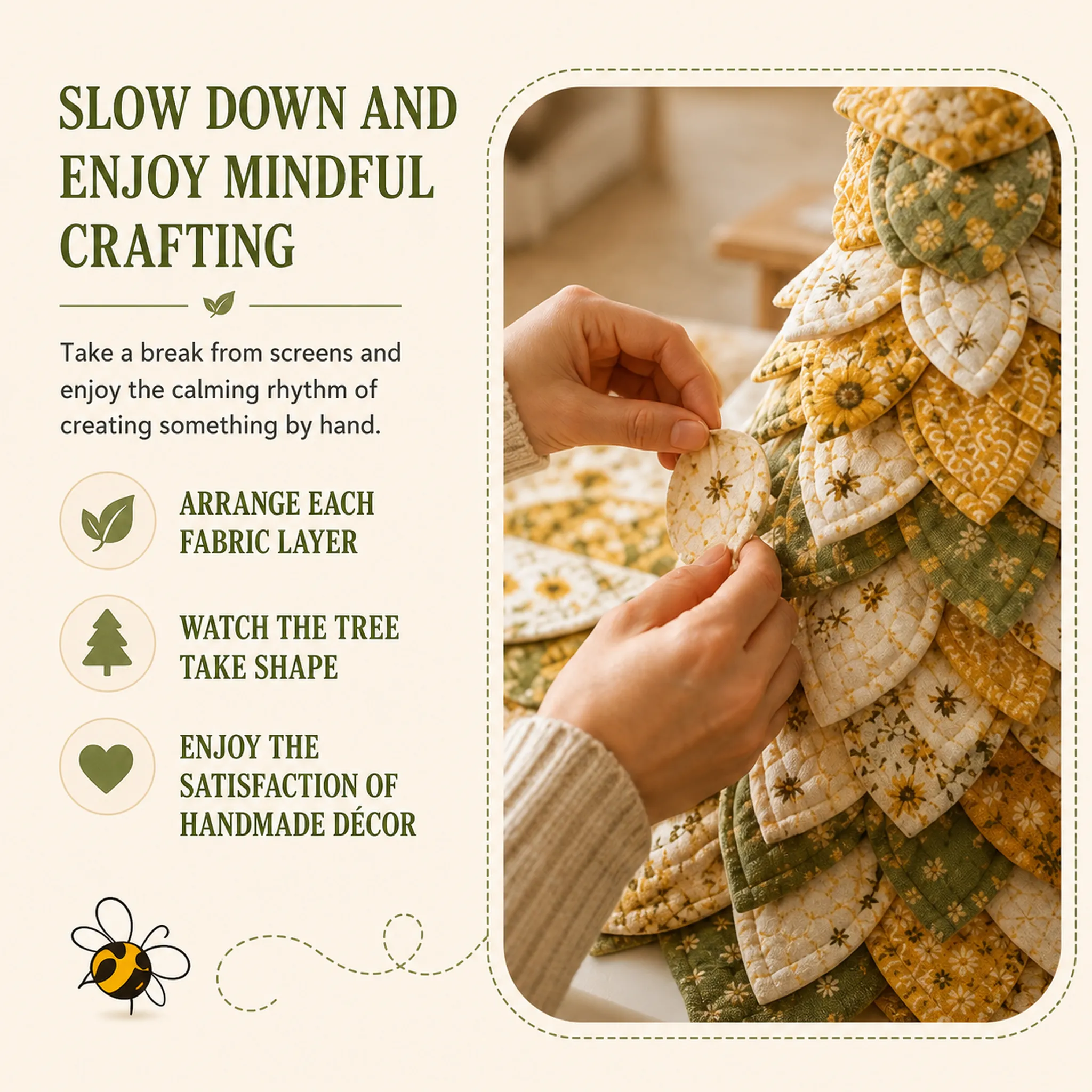 Relaxing mindful crafting sunflower bee fabric tree kit for beginners and craft lovers