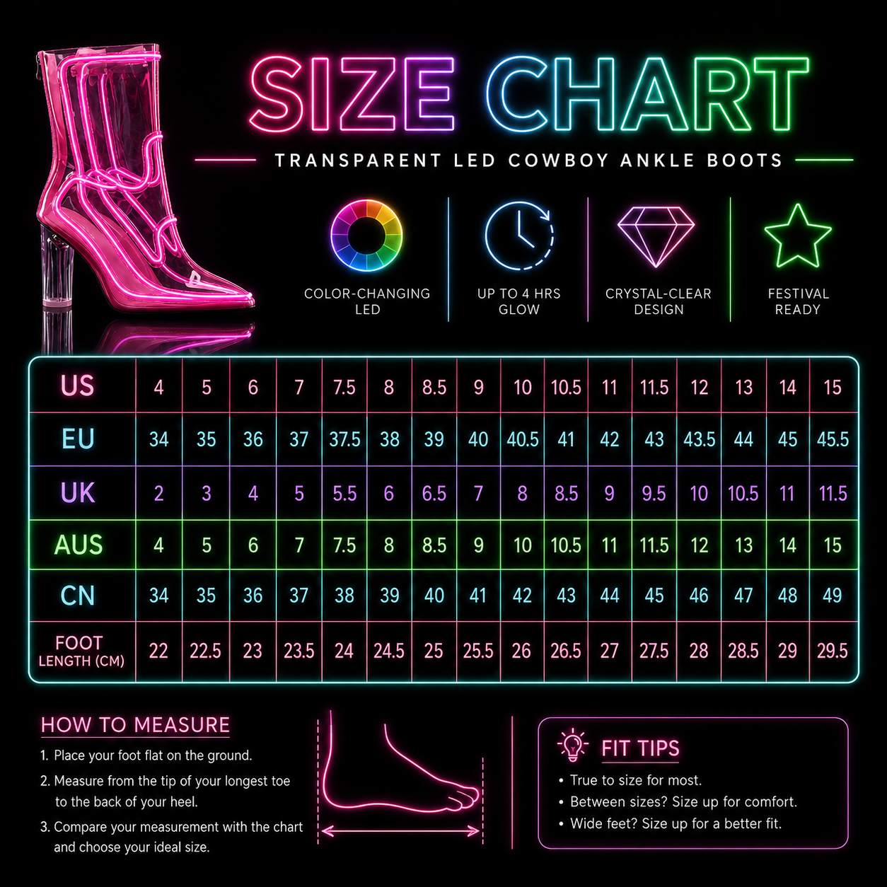 Transparent LED cowboy ankle boots size chart