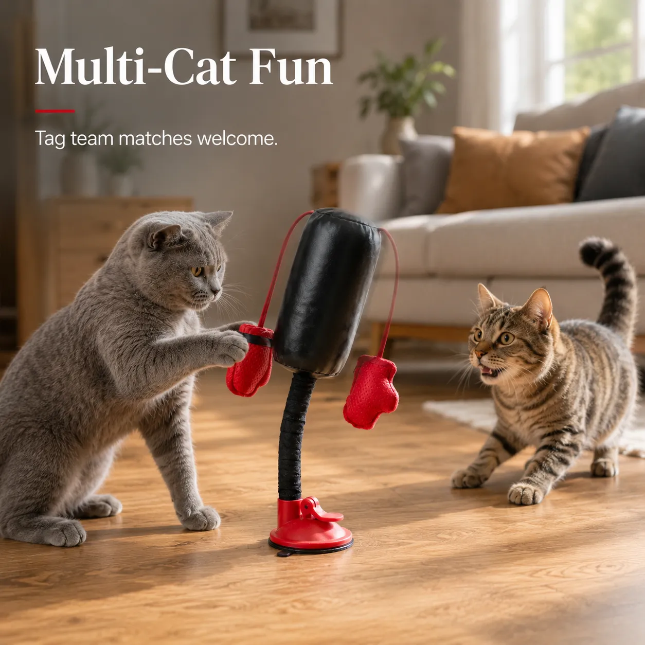 Multiple cats playing together tag team match