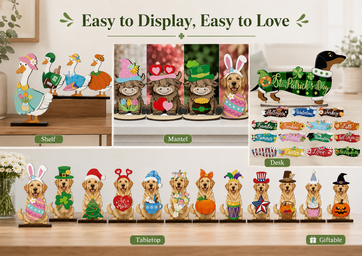 Farmhouse seasonal wooden cow decoration for home display