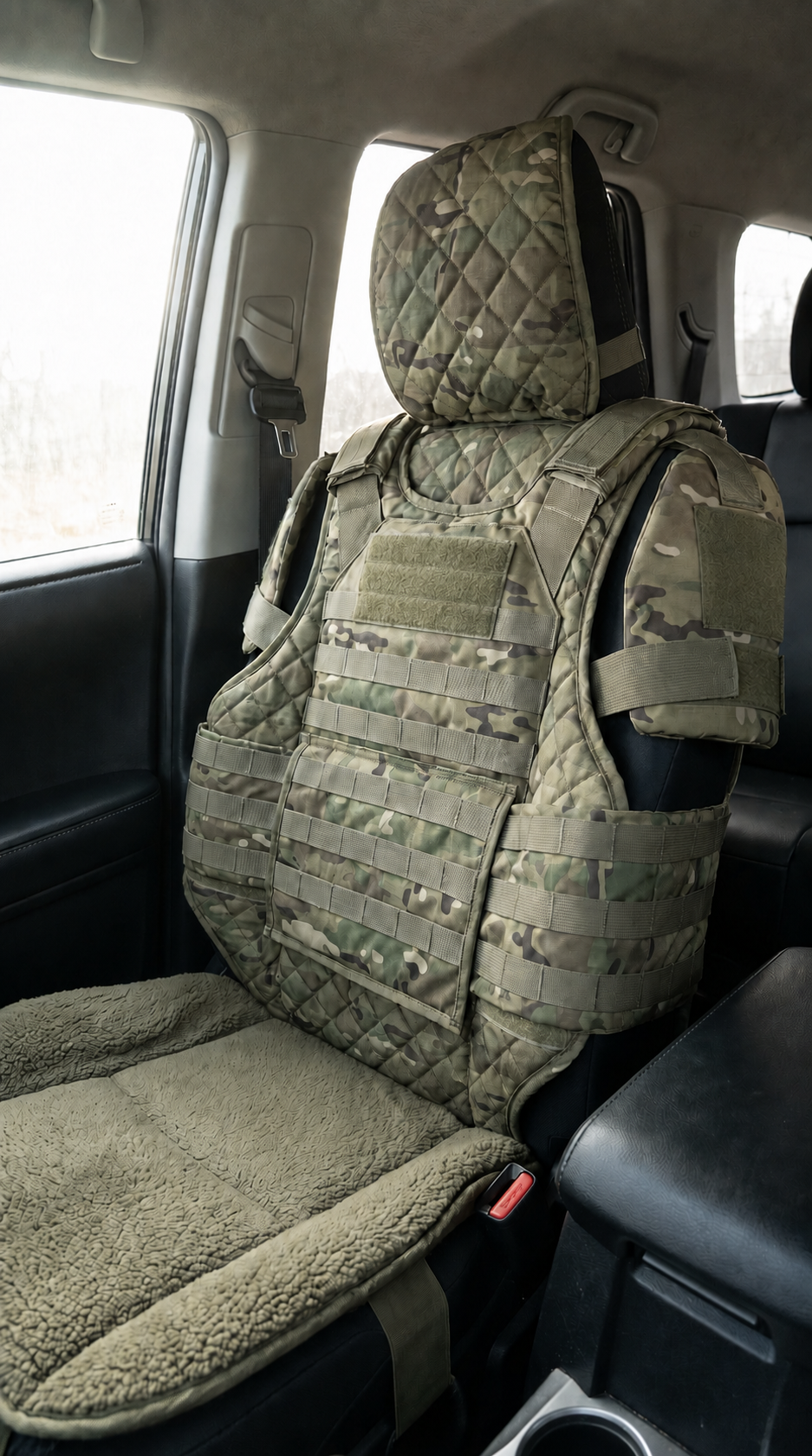 Rugged vehicle seat cover displayed in a mountain driving setting