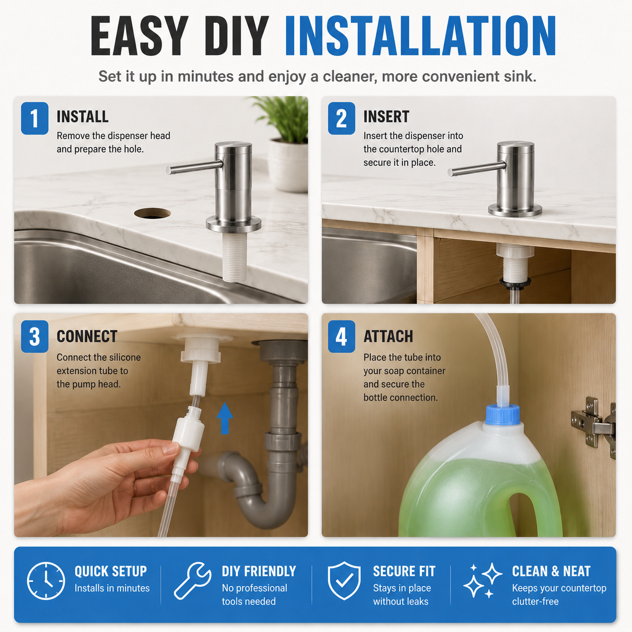 Stainless steel soap dispenser pump head 360 degree swivel view