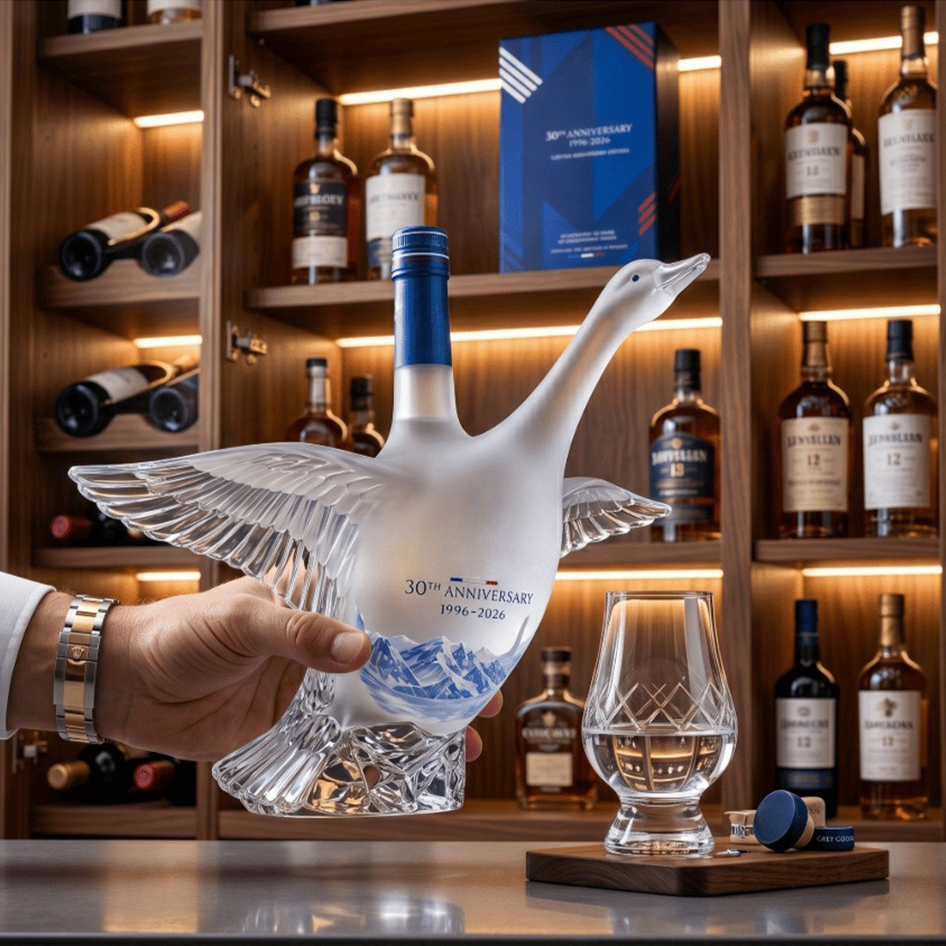 Deep blue gift box packaging with silver crest emblem