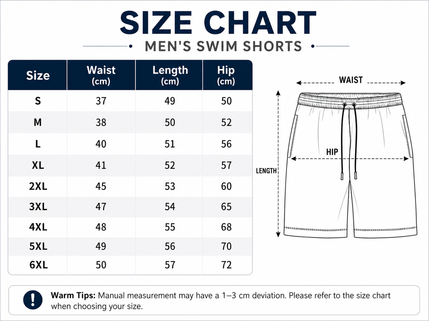 Men's swim shorts size chart from S to 6XL