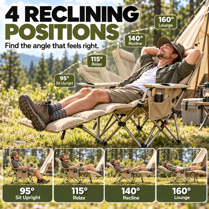 Padded headrest seat and leg support on reclining camping chair