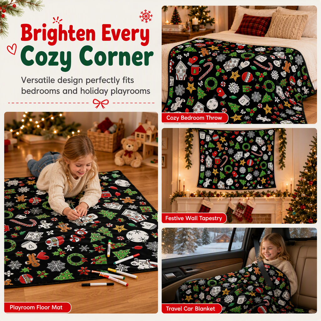 Christmas coloring blanket used as a cozy decorative throw