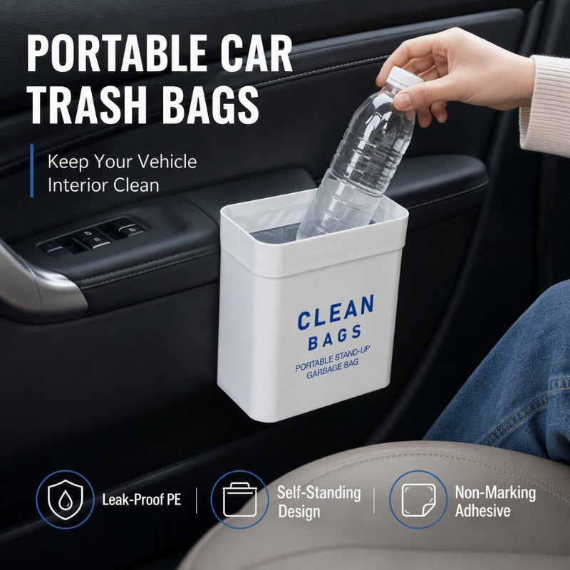 Self-standing adhesive car trash bag for everyday waste