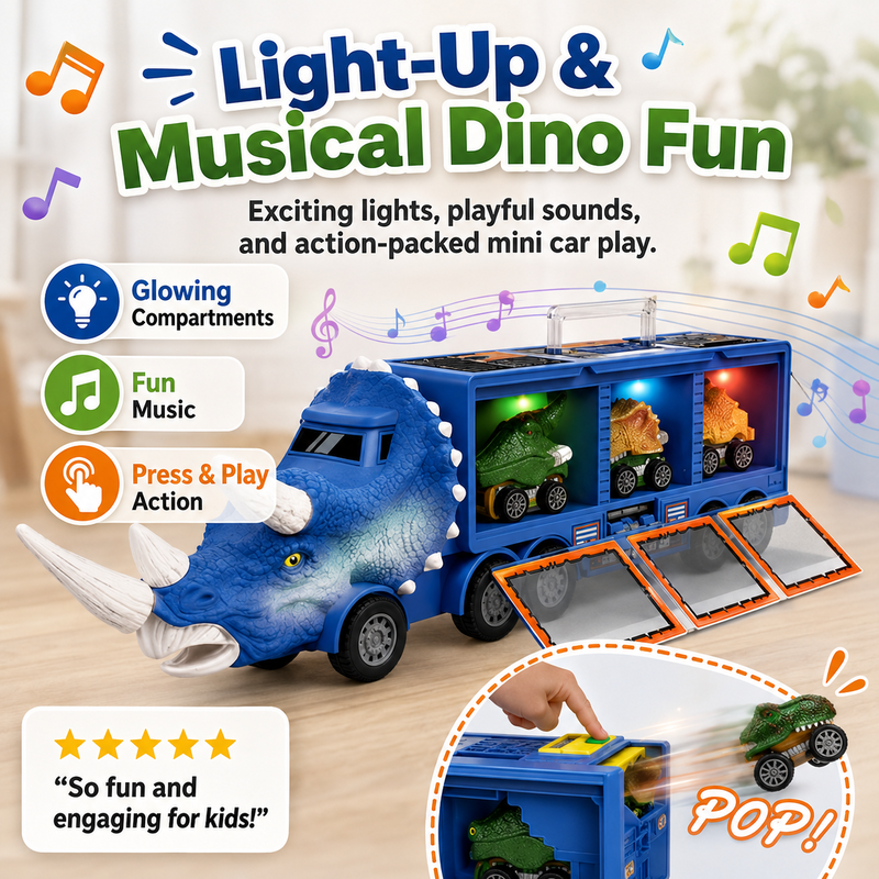 Dinosaur transport truck with interactive lights and music