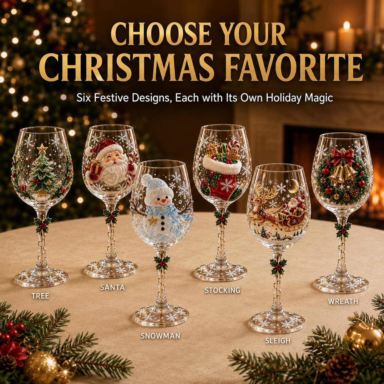 3D Christmas collectible stemmed glass lineup