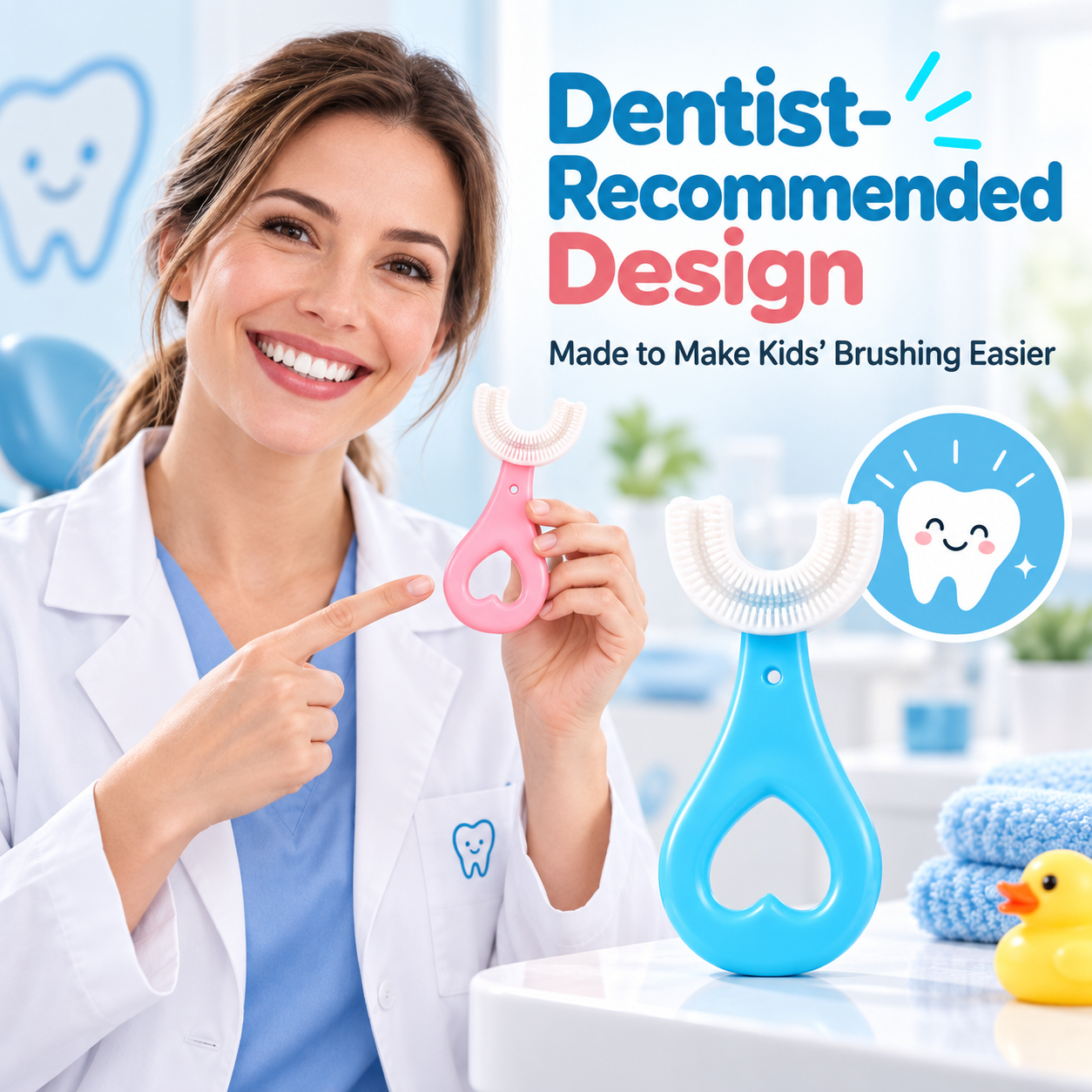 Kids U-shaped silicone manual toothbrush on display