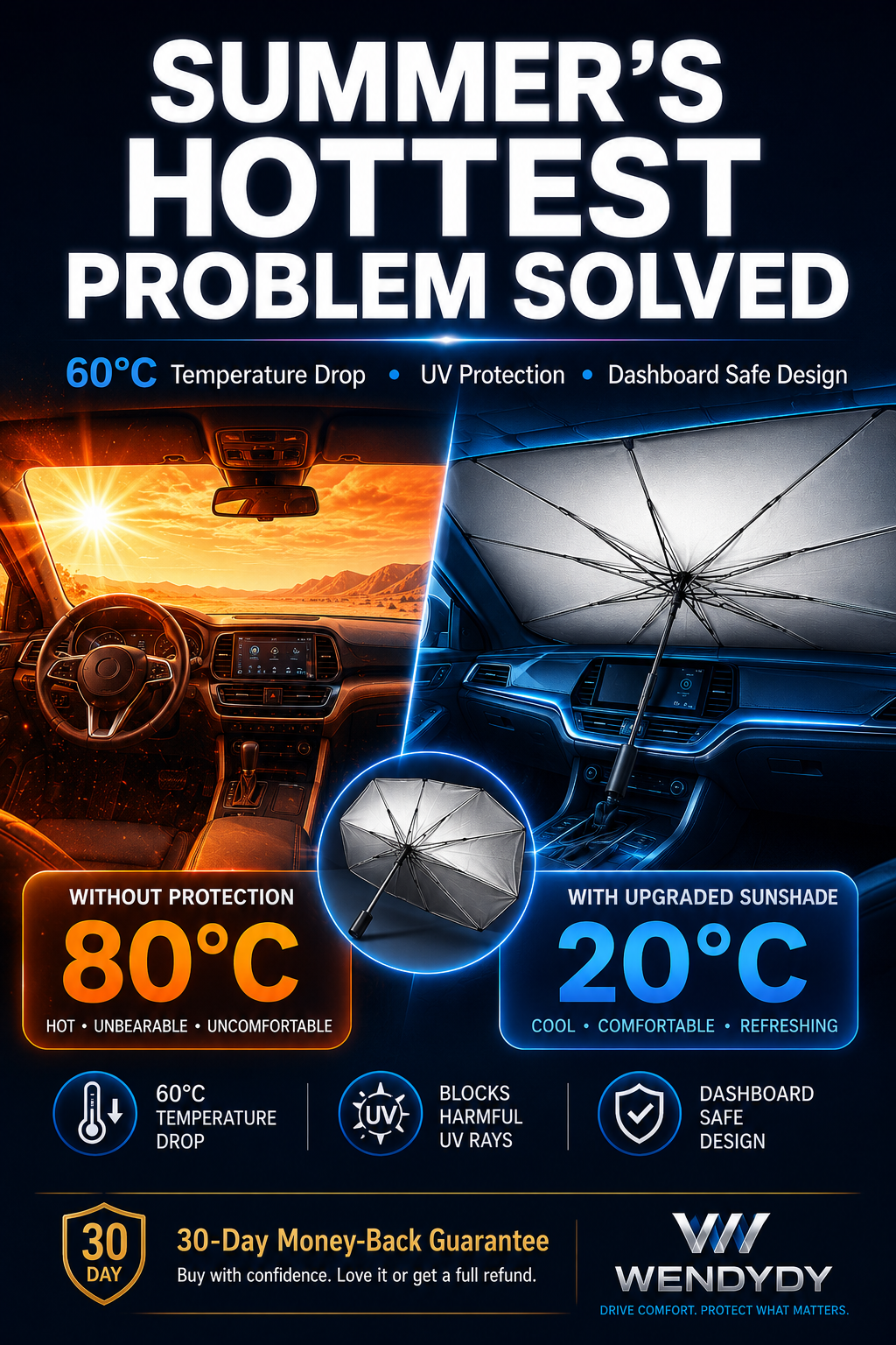 Foldable car sunshade umbrella for summer windshield heat and UV protection