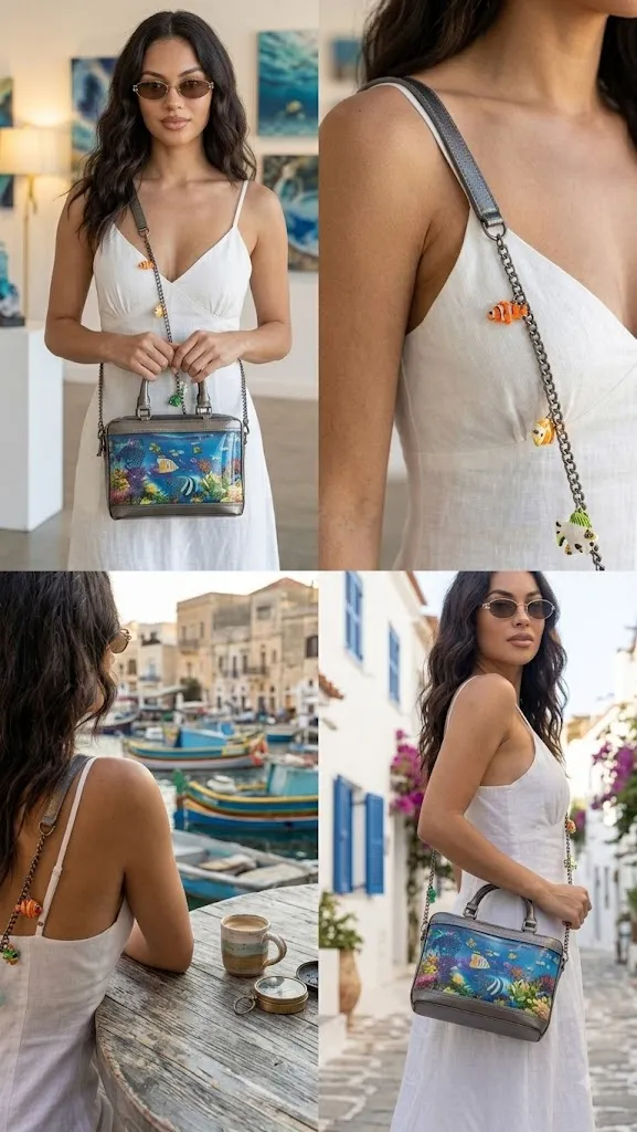 Aquarium inspired handbag with colorful underwater design