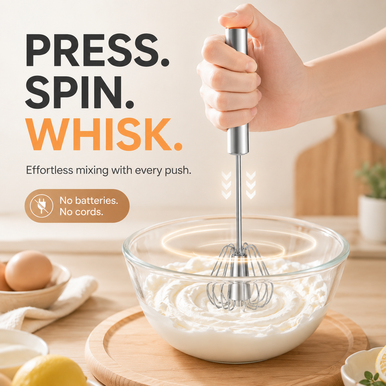 Easy hand push rotary whisk