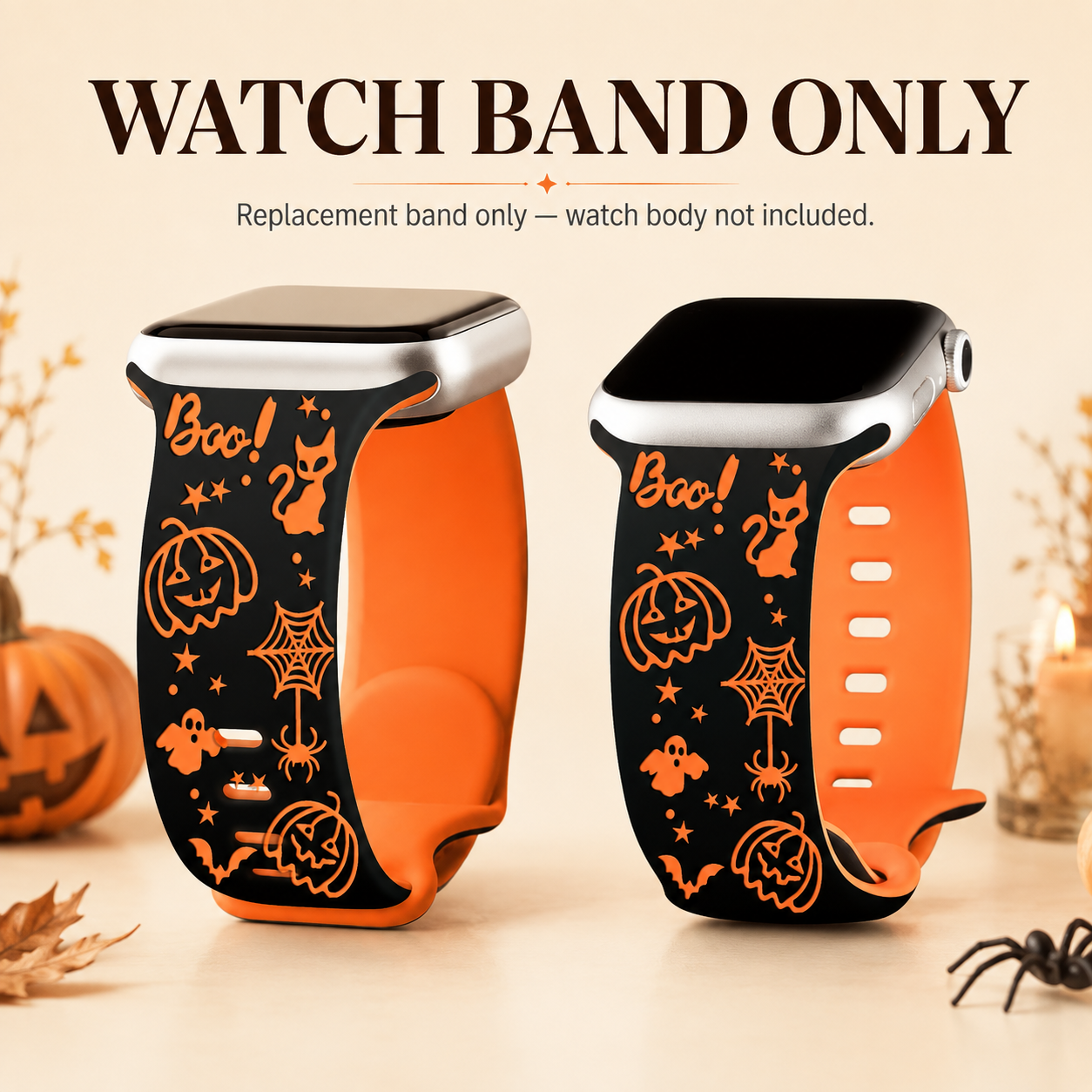 Halloween engraved silicone watch band with orange and black contrast overview