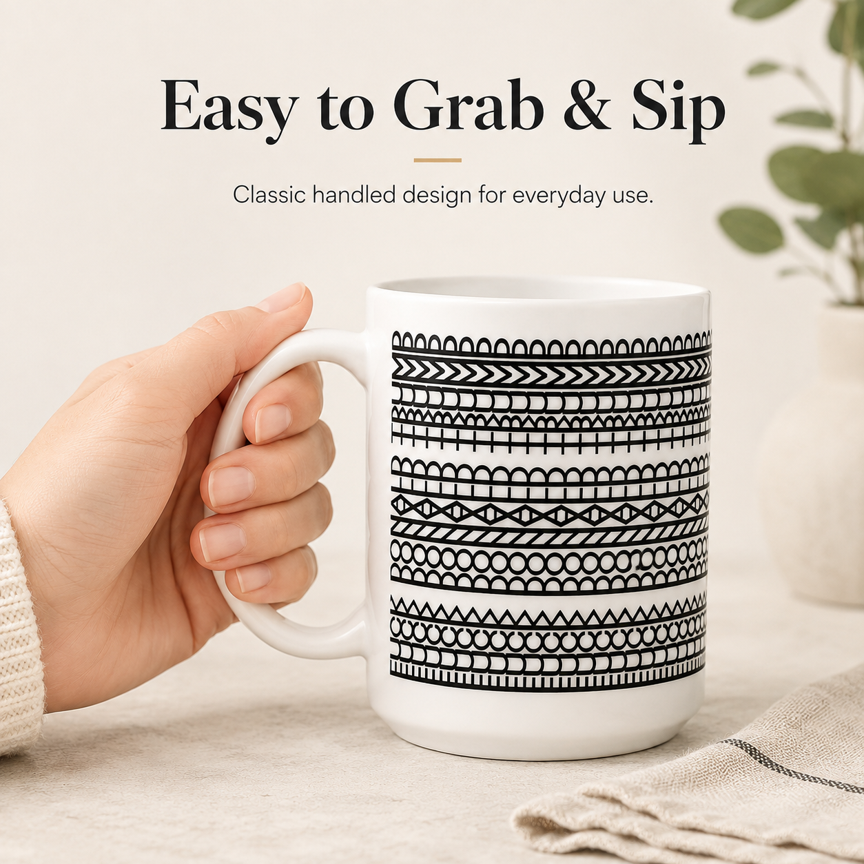 Modern black and white geometric patterned coffee mug product overview