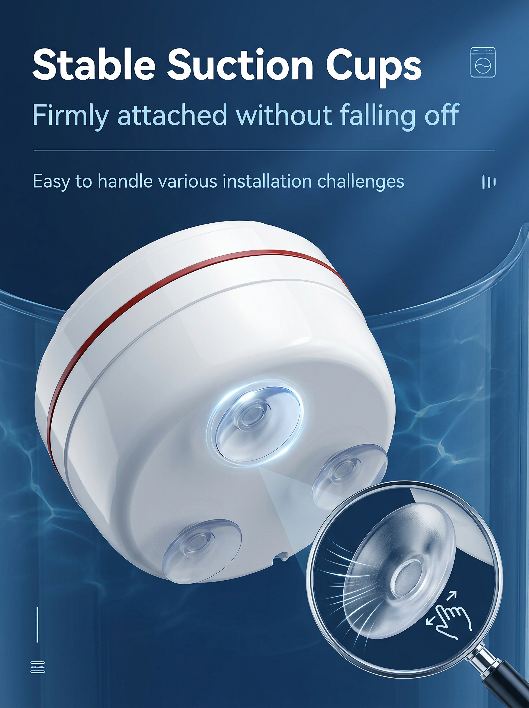 Industrial suction cups on bottom of portable mini washer