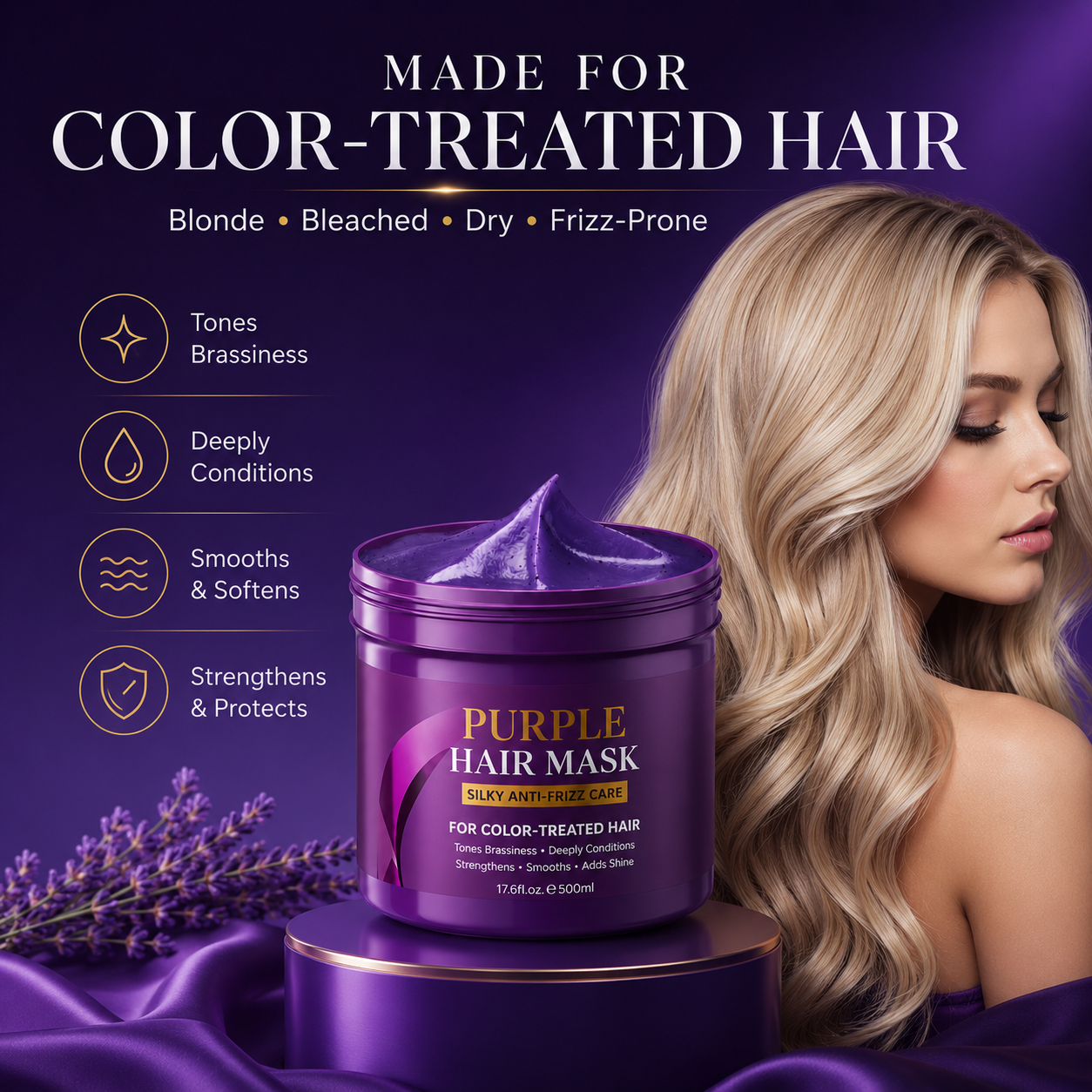Dramatic color correction on bleached blonde hair with purple mask