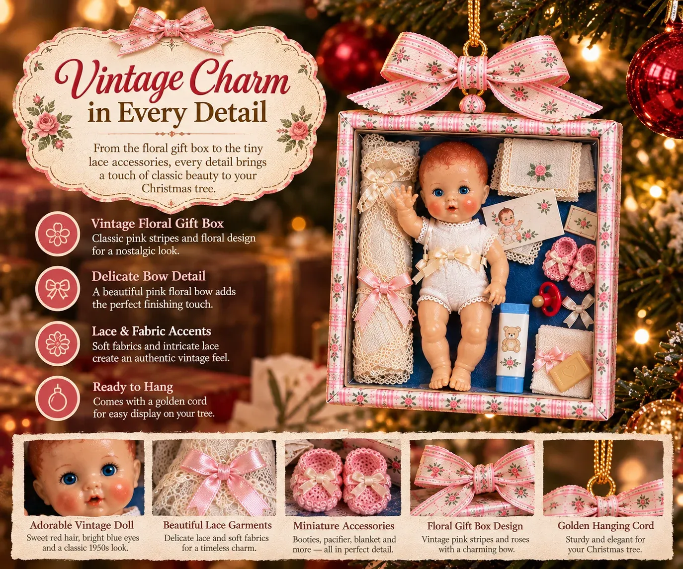 Miniature nursery themed decorative accessories within baby doll ornament