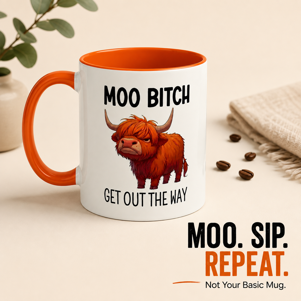Moo Bitch Highland Cow mug filled with steaming hot coffee on table