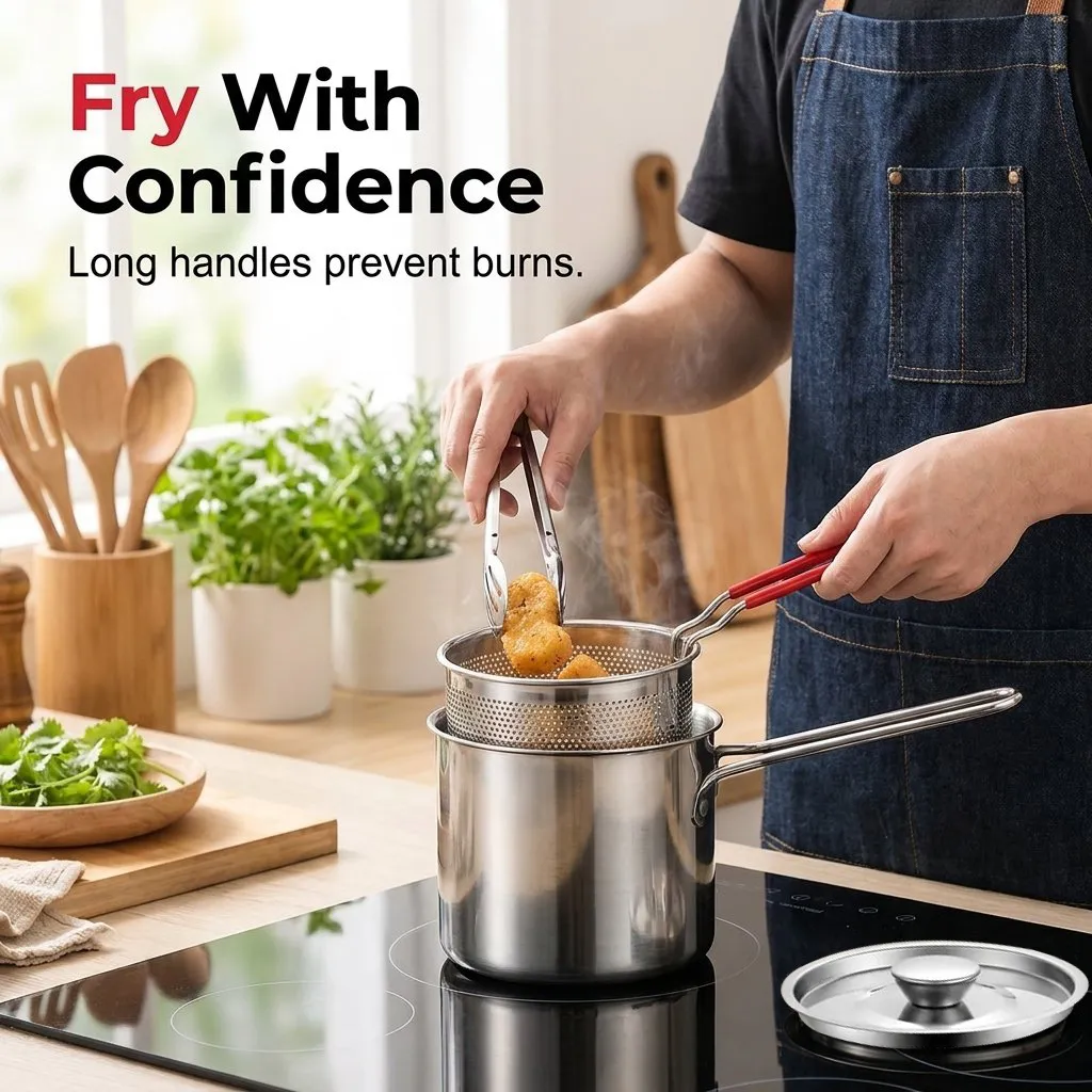 Long handle basket and tongs for compact deep frying pot