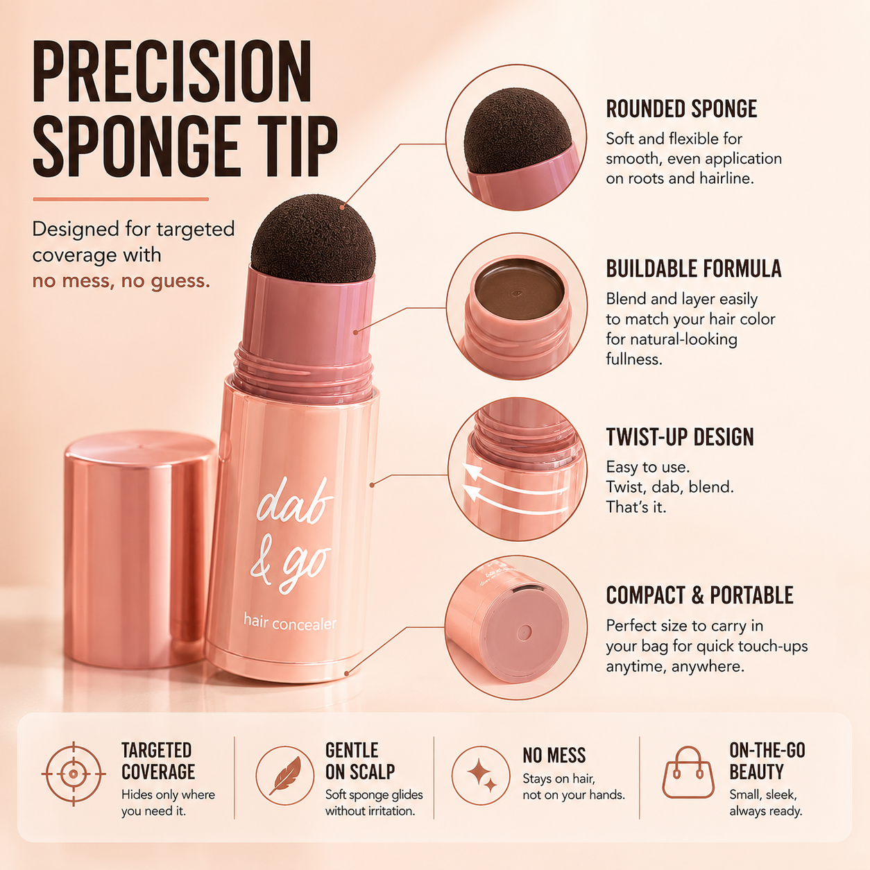 Hair concealer stick product design with sponge applicator head