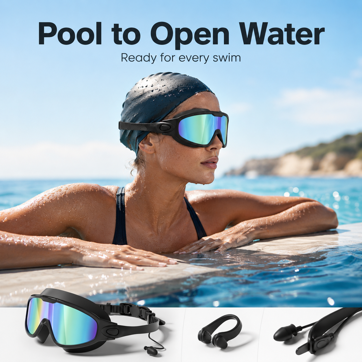 Wide panoramic view swim goggles