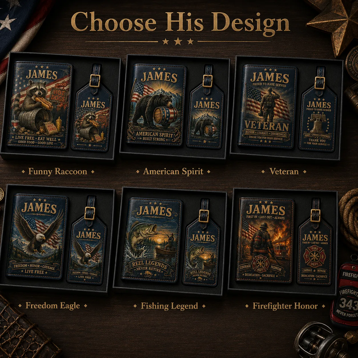 Available graphic themes including fishing legend bear eagle and veteran