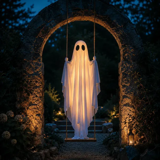 Neighborhood Halloween porch display with glowing hanging swing ghost