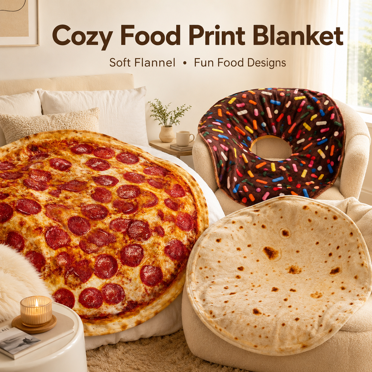 Size comparison of food print blanket in 90cm, 150cm, and 180cm