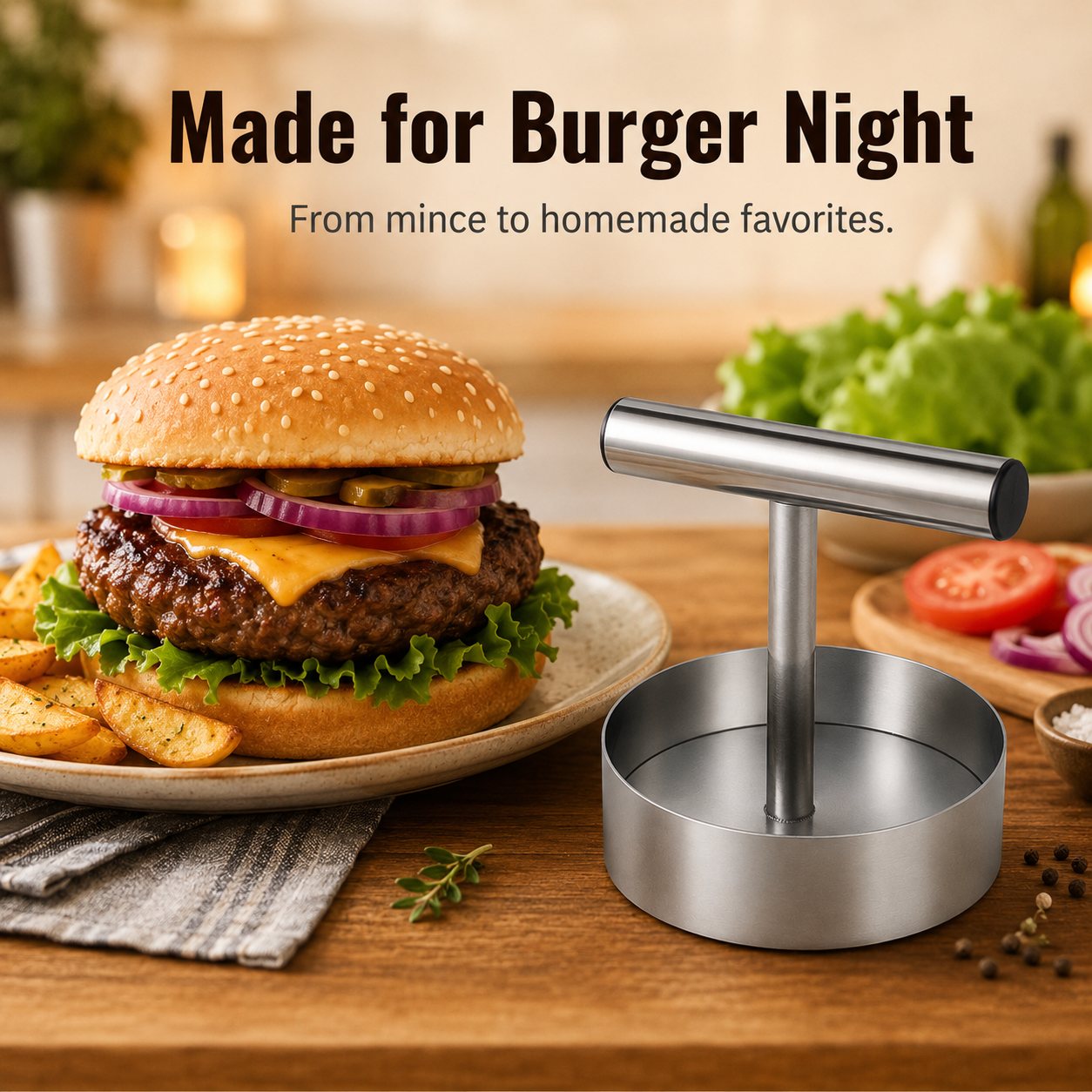 Shaping minced meat inside the round burger mold