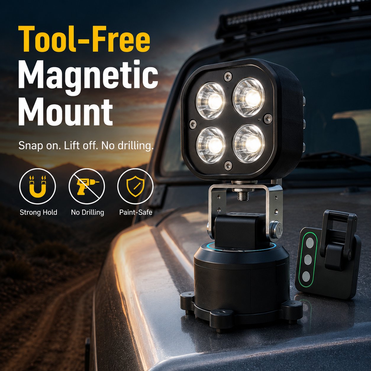 Magnetic vehicle LED pod light mounting