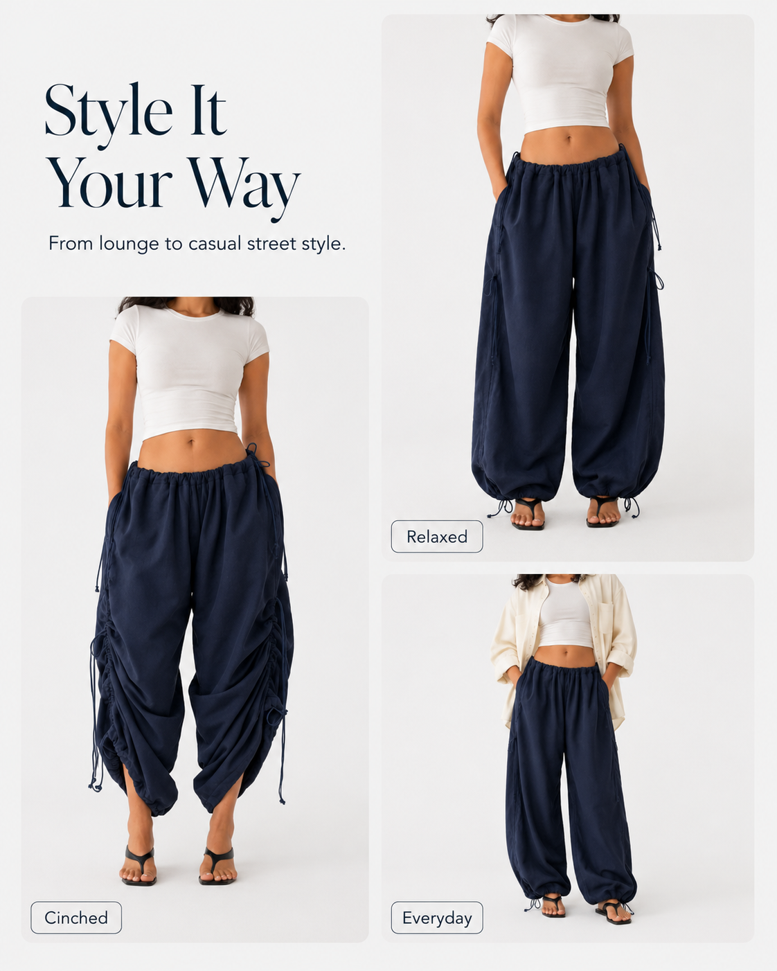 Gray adjustable oversized lounge pants with white tank top