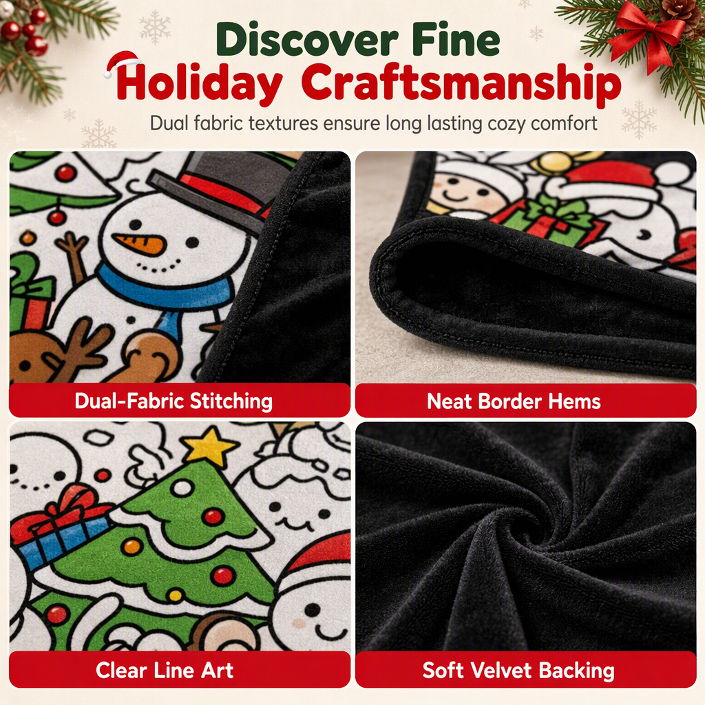 Fabric and stitched edge details of the holiday blanket