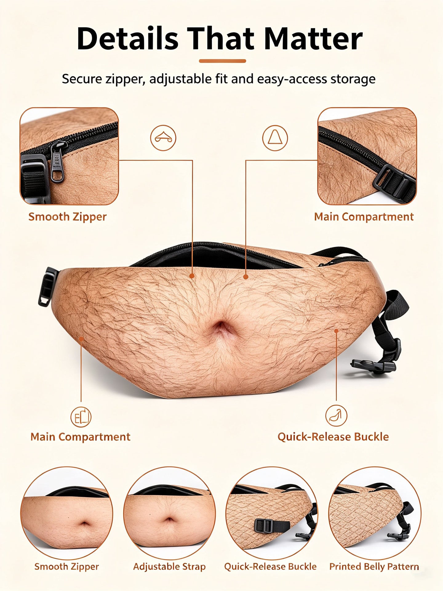 Funny belly fanny pack detail