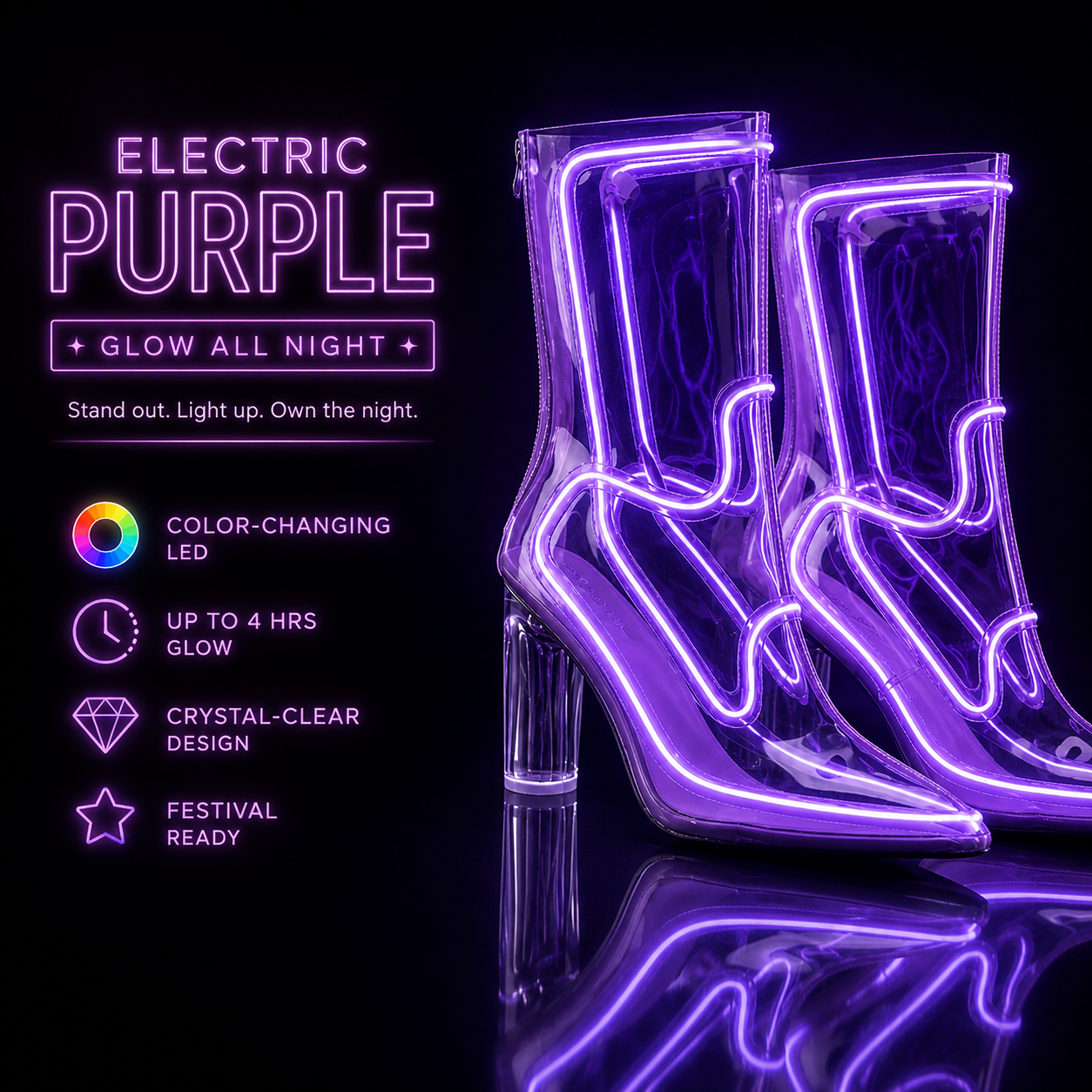 Electric purple color changing LED transparent boots