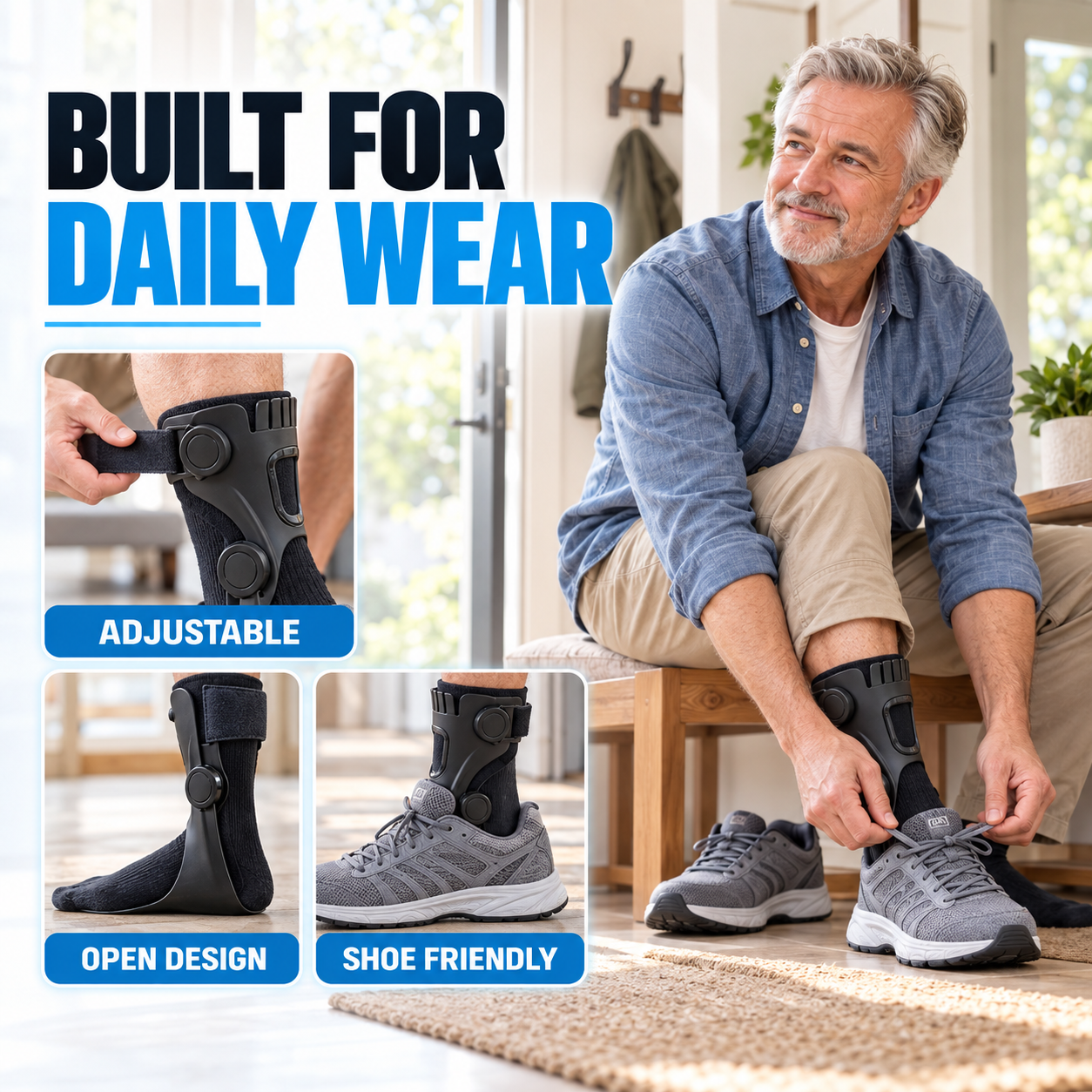 Adjustable AFO foot brace worn with supportive shoe