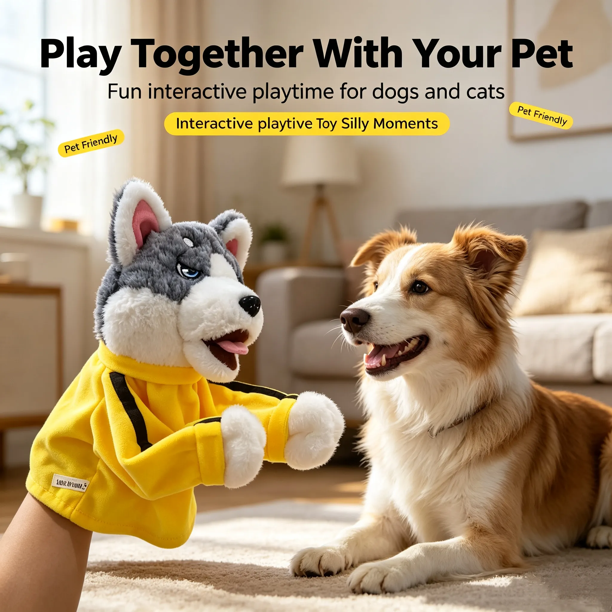 Two husky puppets in a boxing match setup