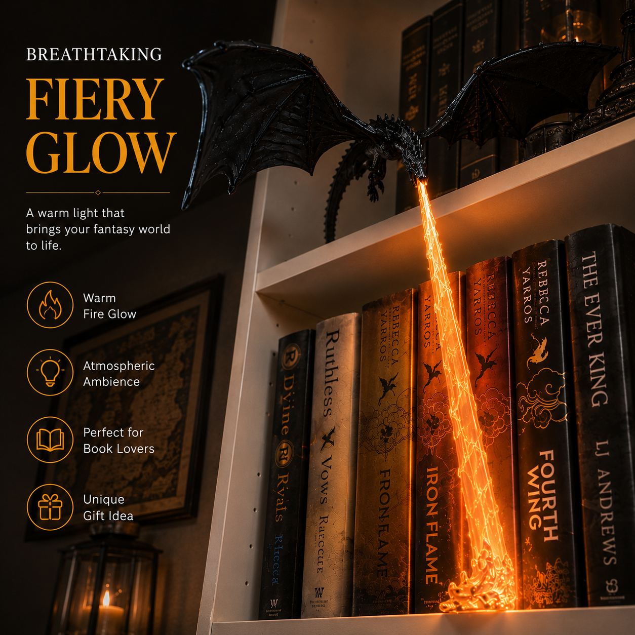 Close-up of glowing dragon flame bookshelf decor