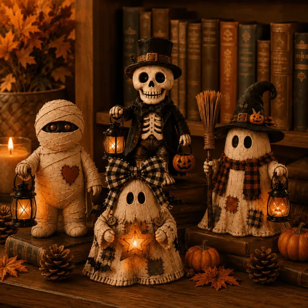 Collection of cute Halloween characters including ghosts, mummies, and pumpkin scarecrows
